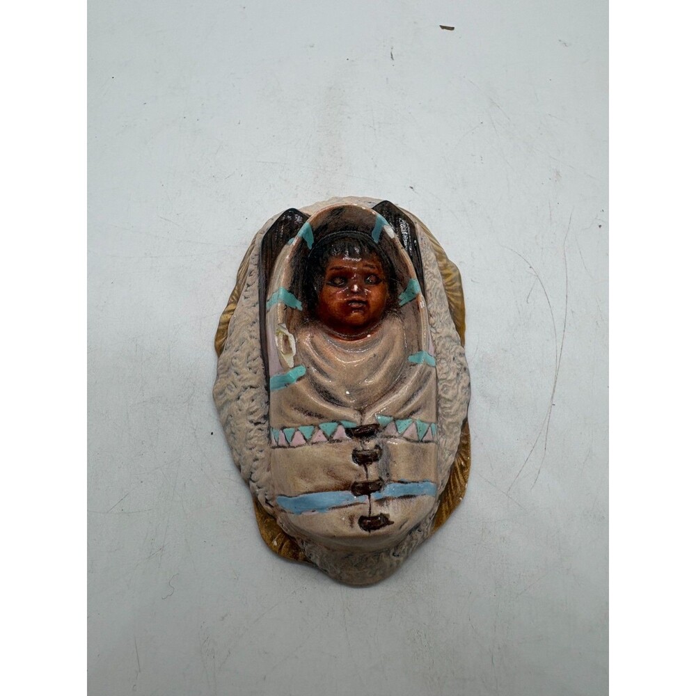 Vintage Native American Papoose Figurine Baby in Cradleboard Ceramic Chalkware